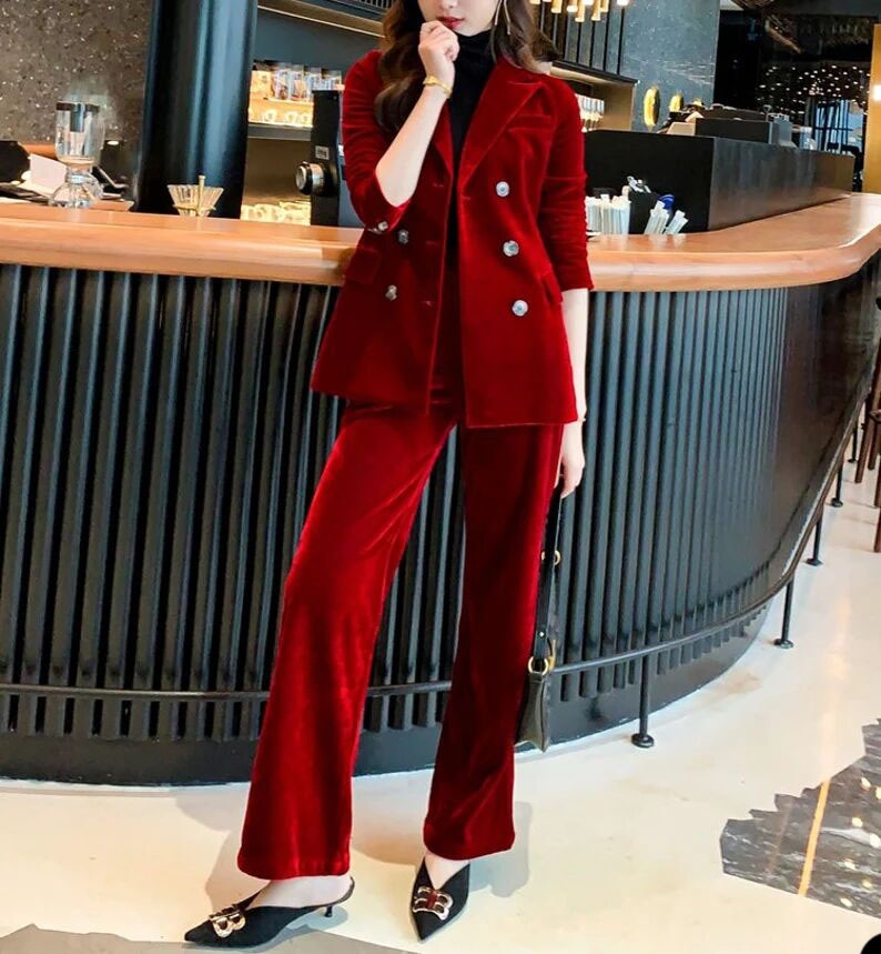 Traje de pantalón de terciopelo rojo y verde de invierno para mujer, 2 piezas, corte entallado, para fiesta de graduación, noche, chaqueta larga de celebridad 