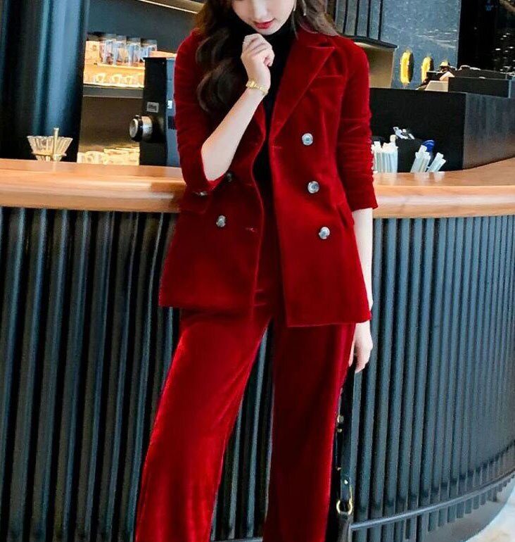 Traje de pantalón de terciopelo rojo y verde de invierno para mujer, 2 piezas, corte entallado, para fiesta de graduación, noche, chaqueta larga de celebridad 