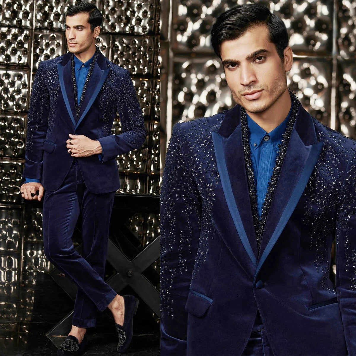 Winter Velvet Tuxedos For Men Wedding Crystal Beading Tailored Peaked Lapel Jacket 2 Pieces Male Costume
