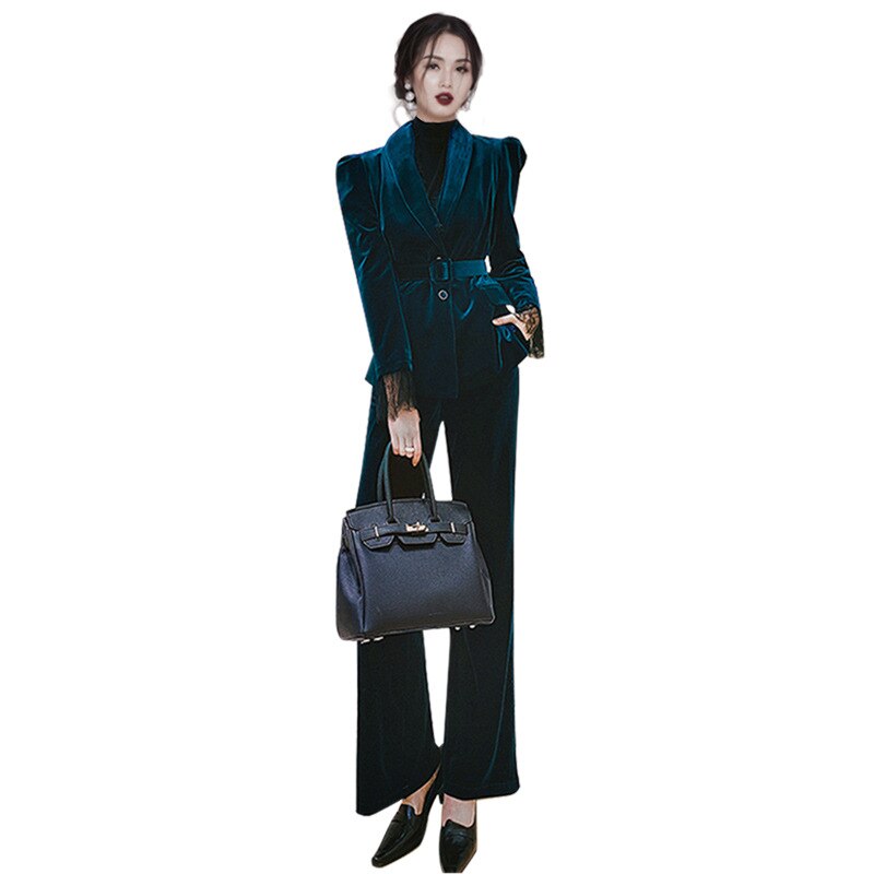 Trajes de pantalón de terciopelo de invierno para mujer, 2 piezas, corte entallado, encaje, manga larga, para fiesta de graduación y noche, blazer 