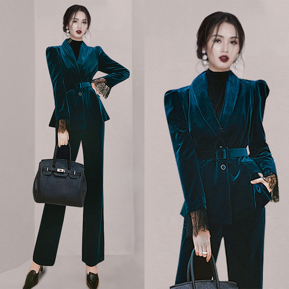 Trajes de pantalón de terciopelo de invierno para mujer, 2 piezas, corte entallado, encaje, manga larga, para fiesta de graduación y noche, blazer 