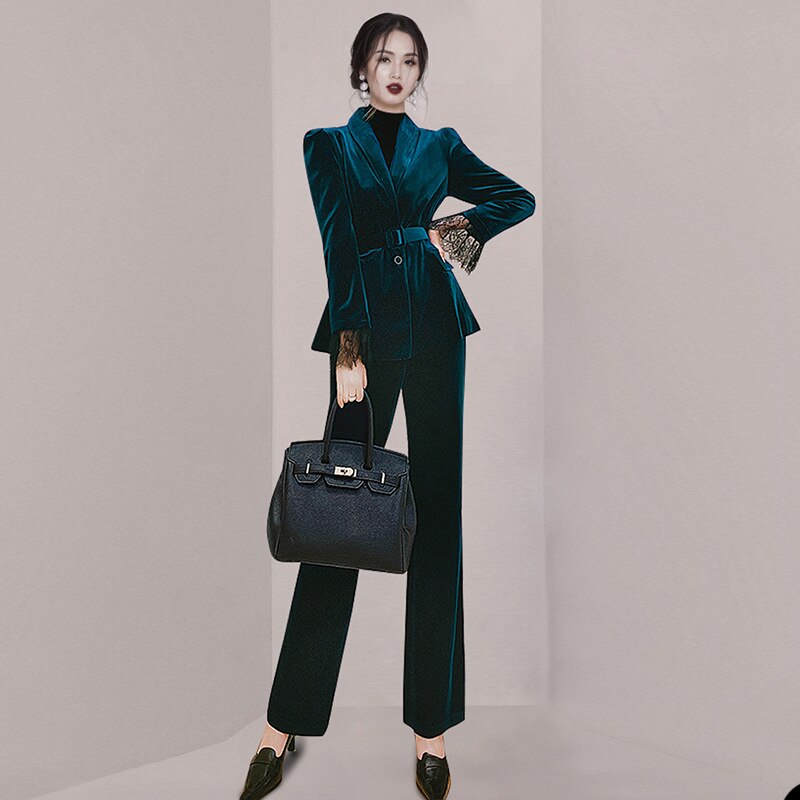 Trajes de pantalón de terciopelo de invierno para mujer, 2 piezas, corte entallado, encaje, manga larga, para fiesta de graduación y noche, blazer 