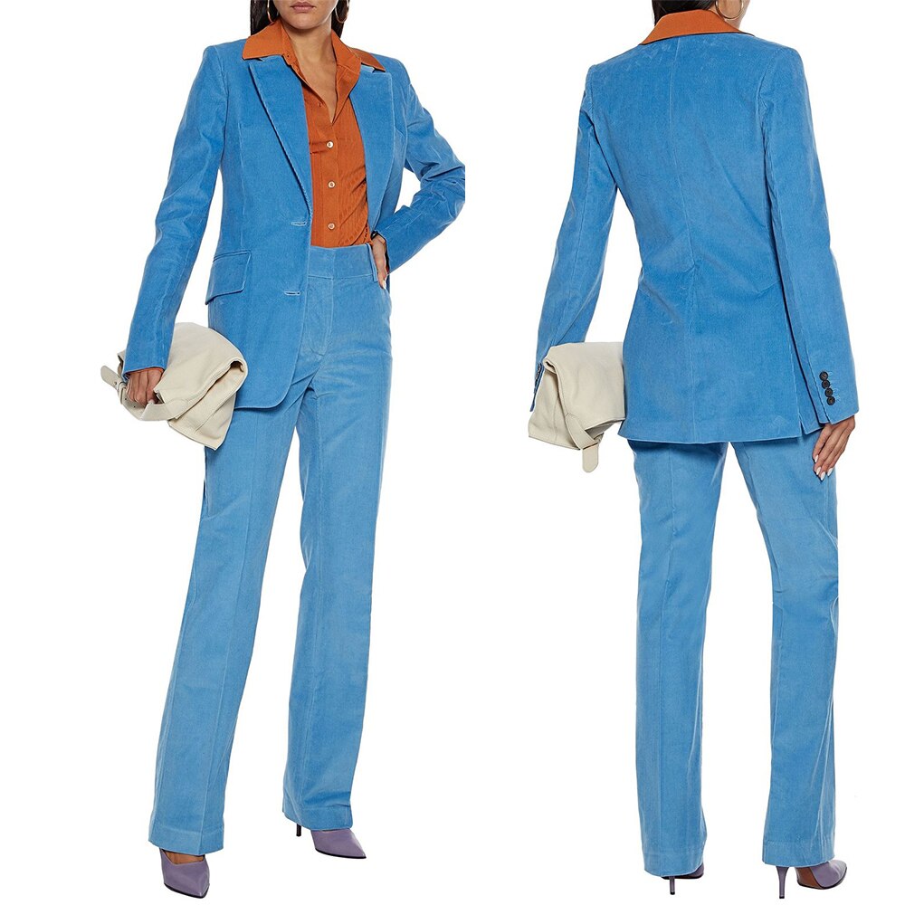 Conjunto de traje de pana cálido de invierno azul para mujer, esmoquin formal para fiesta de noche y boda (chaqueta y pantalones) 