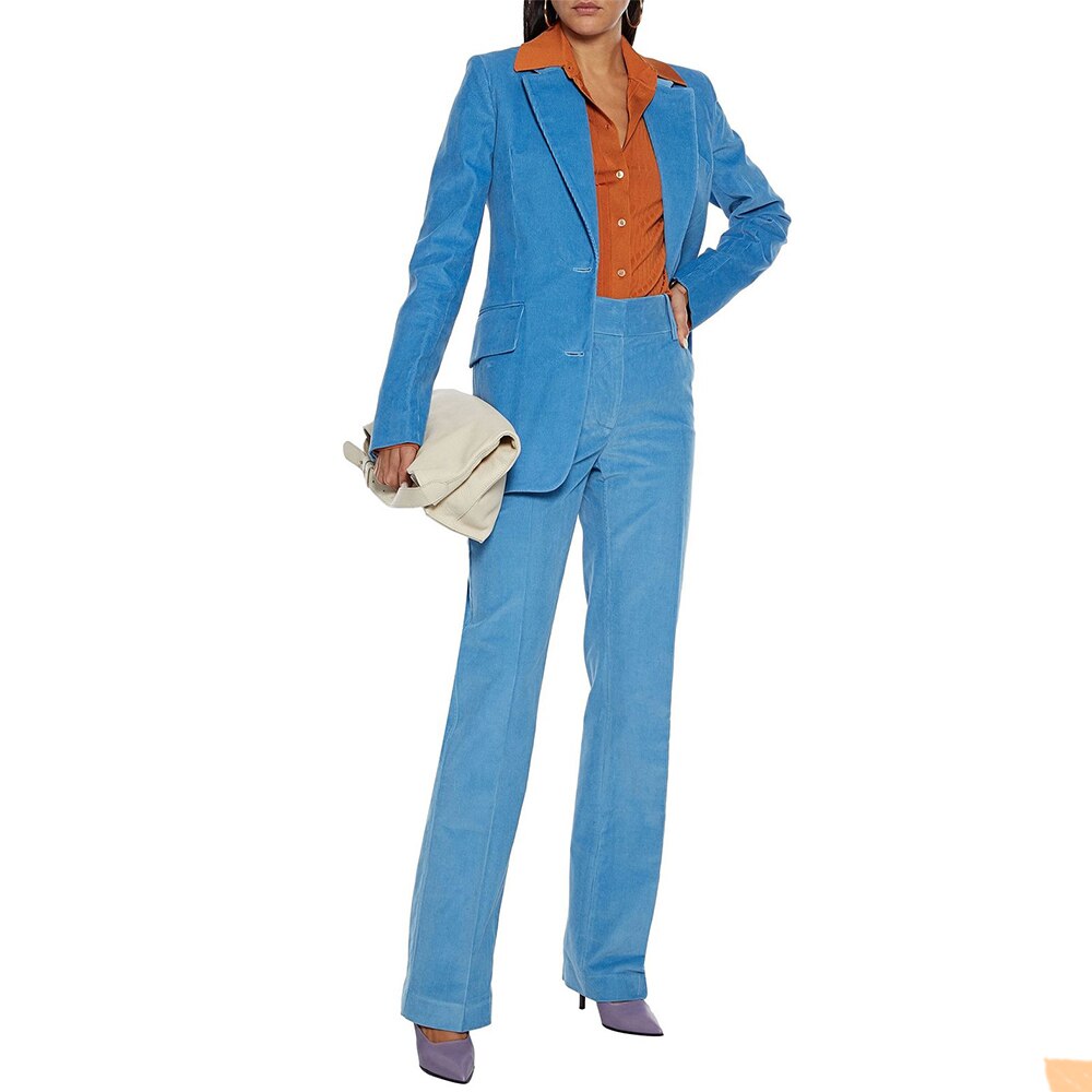 Conjunto de traje de pana cálido de invierno azul para mujer, esmoquin formal para fiesta de noche y boda (chaqueta y pantalones) 