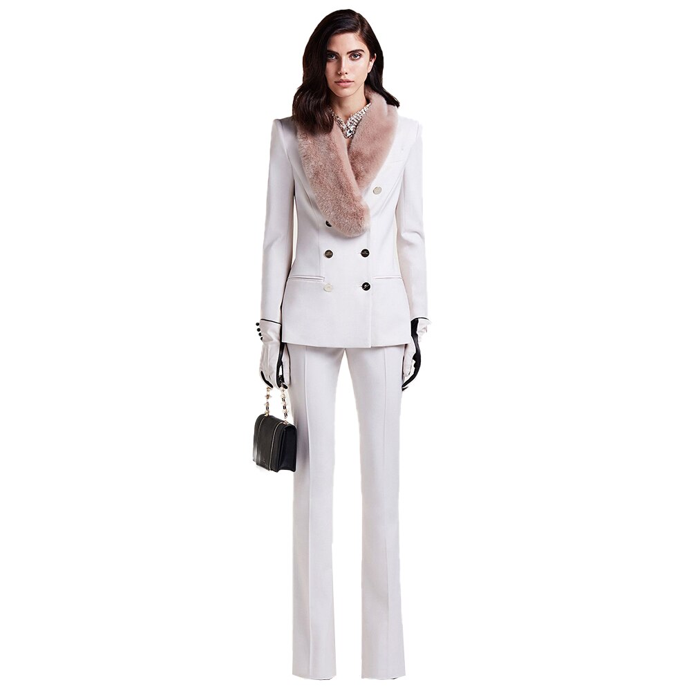 Winter Warm Faux Fur Women Pants Suits Double Breasted Mother of the Bride Tuxedos Work Coat Blazer Office Lady 2 Pieces