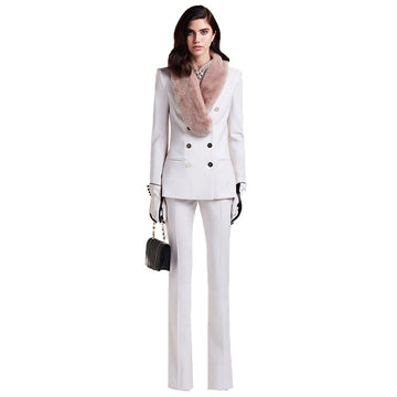 Winter Warm Faux Fur Women Pants Suits Double Breasted Mother of the Bride Tuxedos Work Coat Blazer Office Lady 2 Pieces