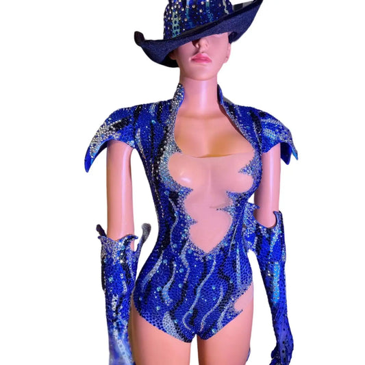 Women All Set Shinning Bodysuits Rhinestone Dance Costume with Hat Party Halloween Party Wear Celebrity Drag Queen Wear