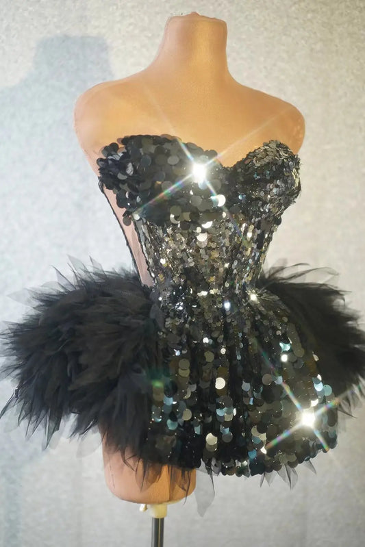 Women Black Party Gogo Dancer Costume Bar Dj Ds Mini Dresses Birthday Party Stage Rave Outfits 2-Piece Set Sequin Dress