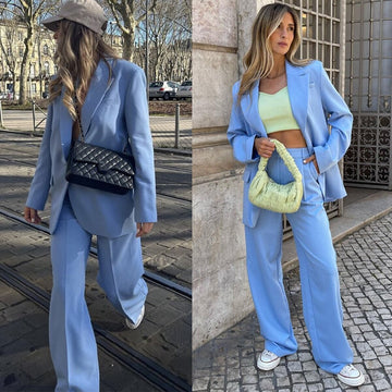 Women Blazer Set Blue Long Sleeve Top Straight Loose Pants Sets High Streetwear 2 Pieces