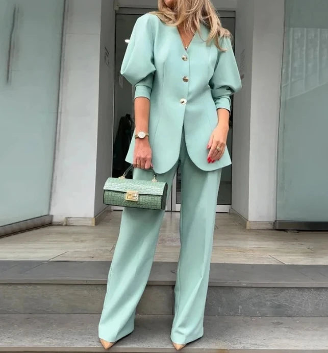 Conjunto de traje elegante de moda para mujer, color sólido, holgado, manga larga, con botones, blazer, abrigo y pantalón recto. 