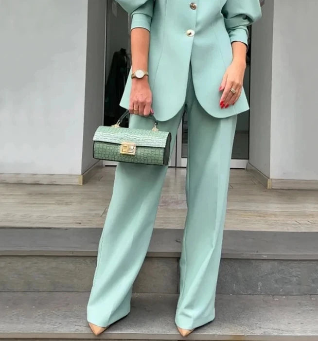 Conjunto de traje elegante de moda para mujer, color sólido, holgado, manga larga, con botones, blazer, abrigo y pantalón recto. 