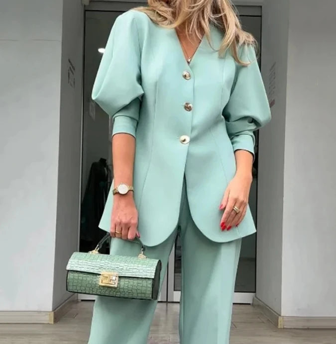 Conjunto de traje elegante de moda para mujer, color sólido, holgado, manga larga, con botones, blazer, abrigo y pantalón recto. 