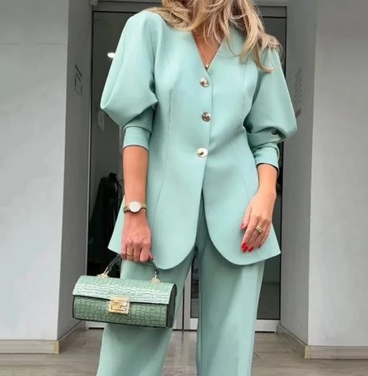 Women Fashion Elegant Suit Set Solid Color Loose Lantern Long Sleeves Button Blazer Coat Top and Commuter Straight Leg Pants Set