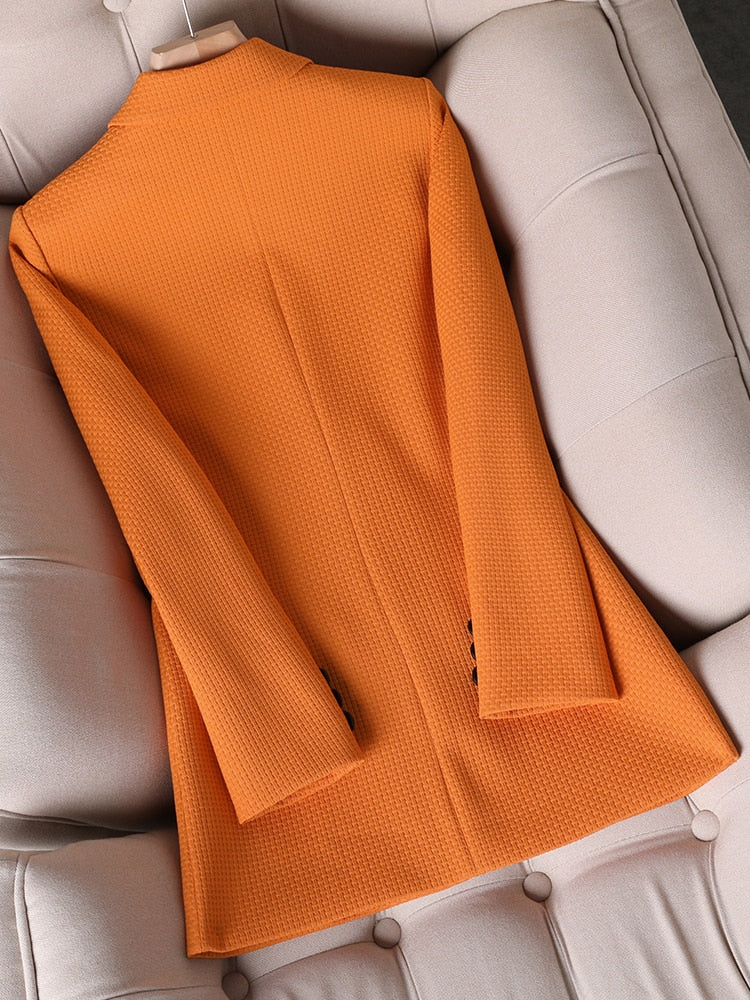 Blazer formal para mujer, chaqueta de trabajo de un solo pecho con cuadros naranja, negro y verde, de manga larga 