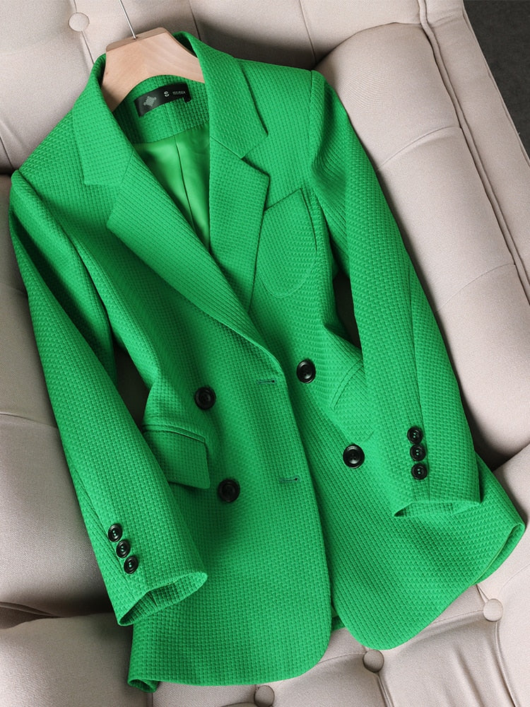 Women Formal Blazer Ladies Orange Black Green Plaid Long Sleeve Single Breasted Work Wear Jacket Coat