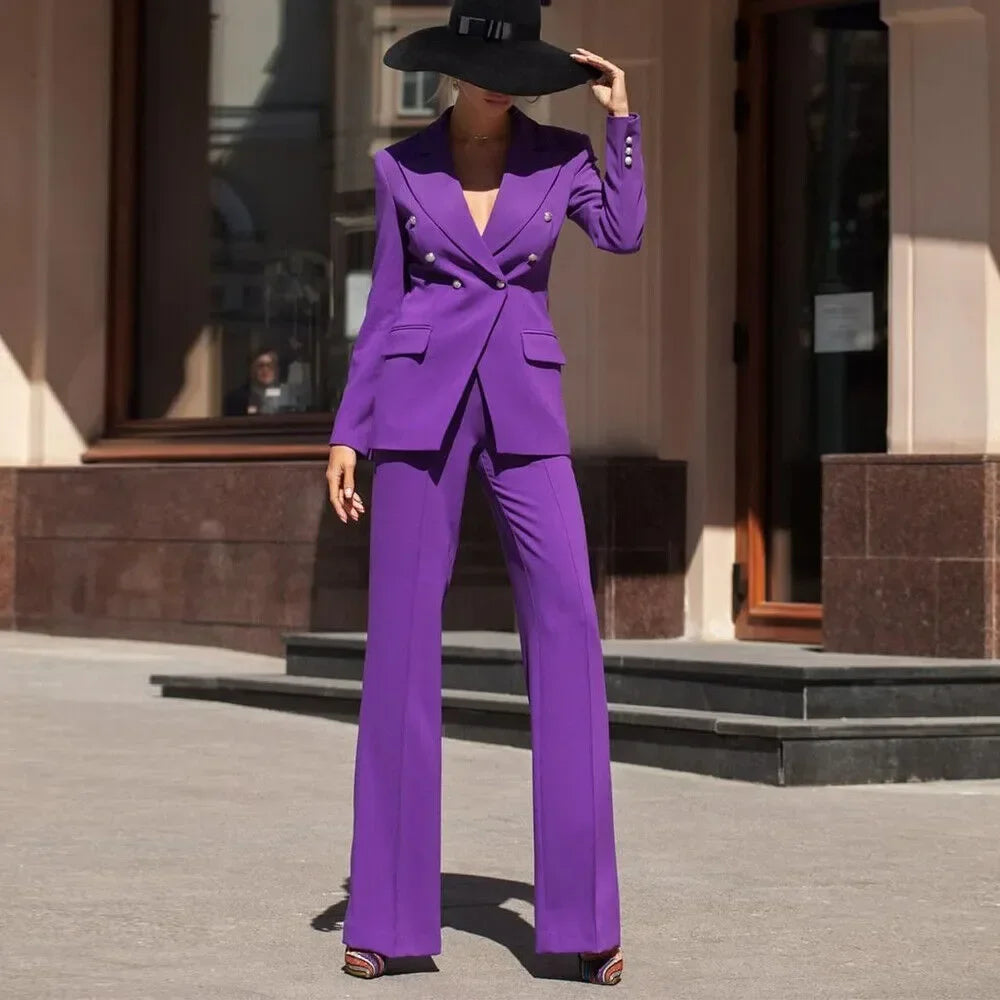 Women Formal Jacket Pants Two Piece Suits Office Lady Costume for Work Blazer Terno Double Breasted Peaked Lapel Elegant