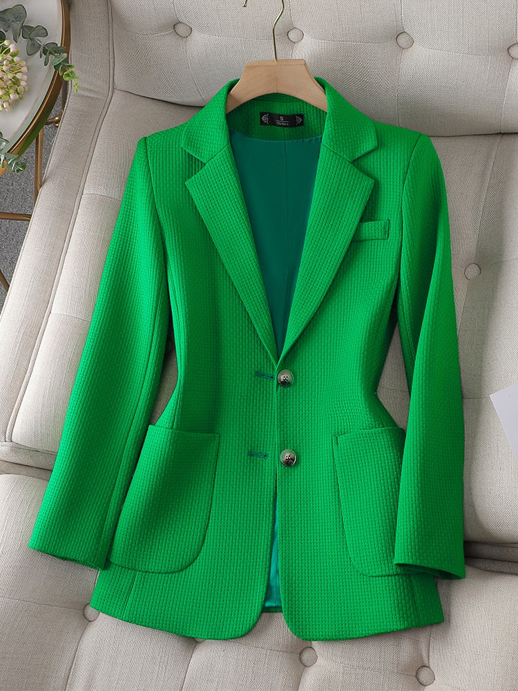 Chaqueta de mujer con bolsillos, color verde, negro y beige, de manga larga, de un solo pecho. 