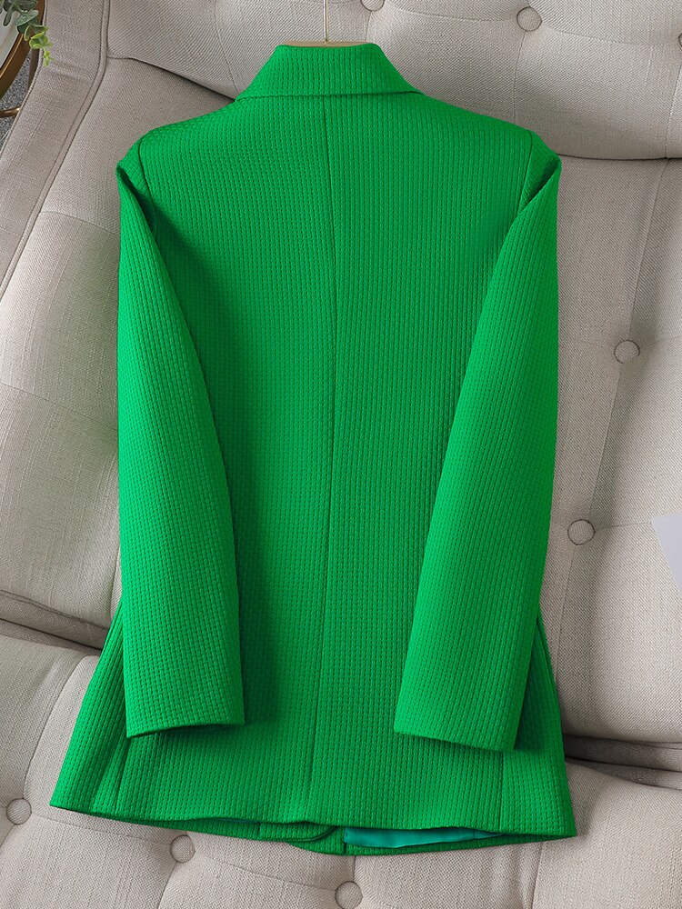 Chaqueta de mujer con bolsillos, color verde, negro y beige, de manga larga, de un solo pecho. 
