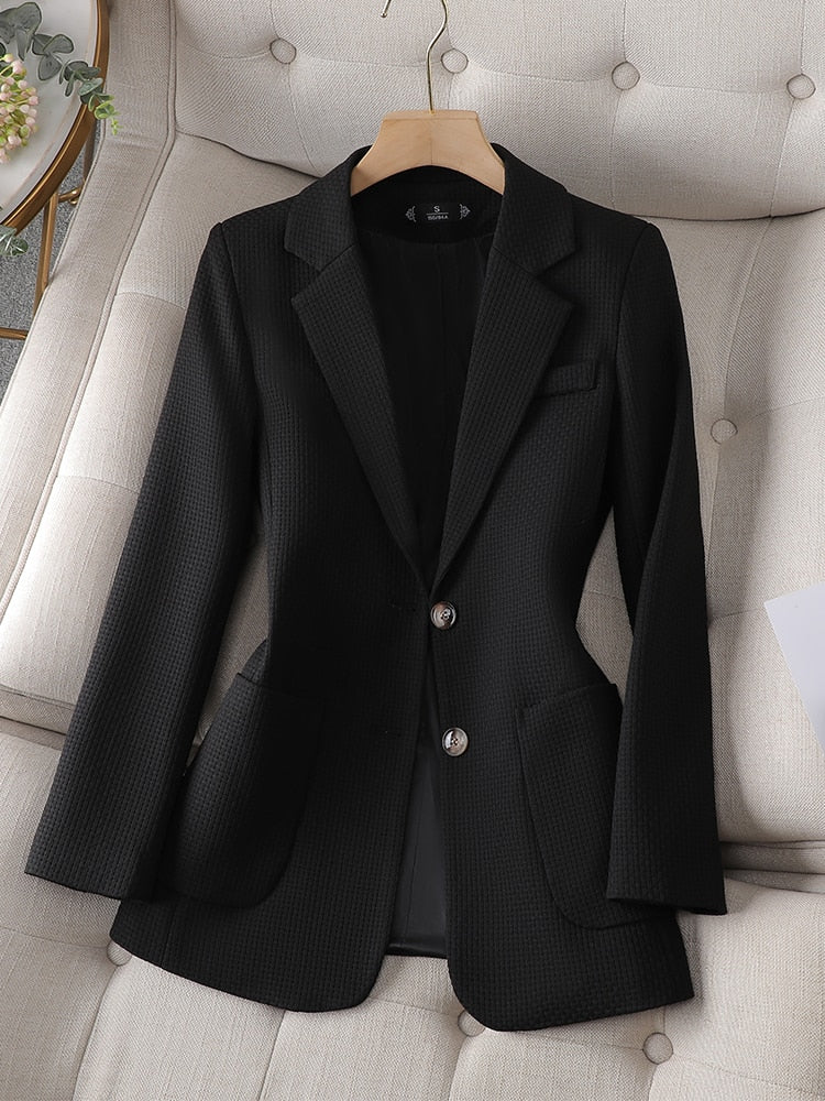 Chaqueta de mujer con bolsillos, color verde, negro y beige, de manga larga, de un solo pecho. 