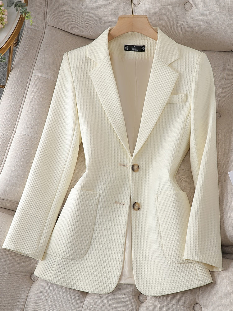 Chaqueta de mujer con bolsillos, color verde, negro y beige, de manga larga, de un solo pecho. 