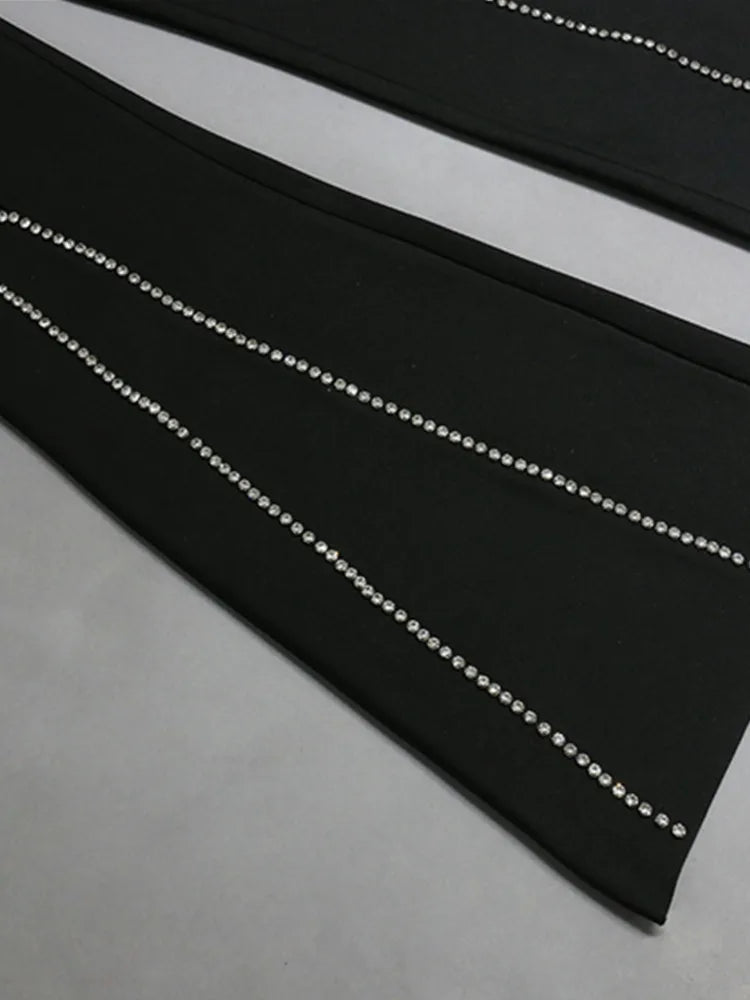 Women Luxury Sexy Rhinestone Beading Black Long Sleeve Flare Pants Bandage Set Celebrity Women's Set