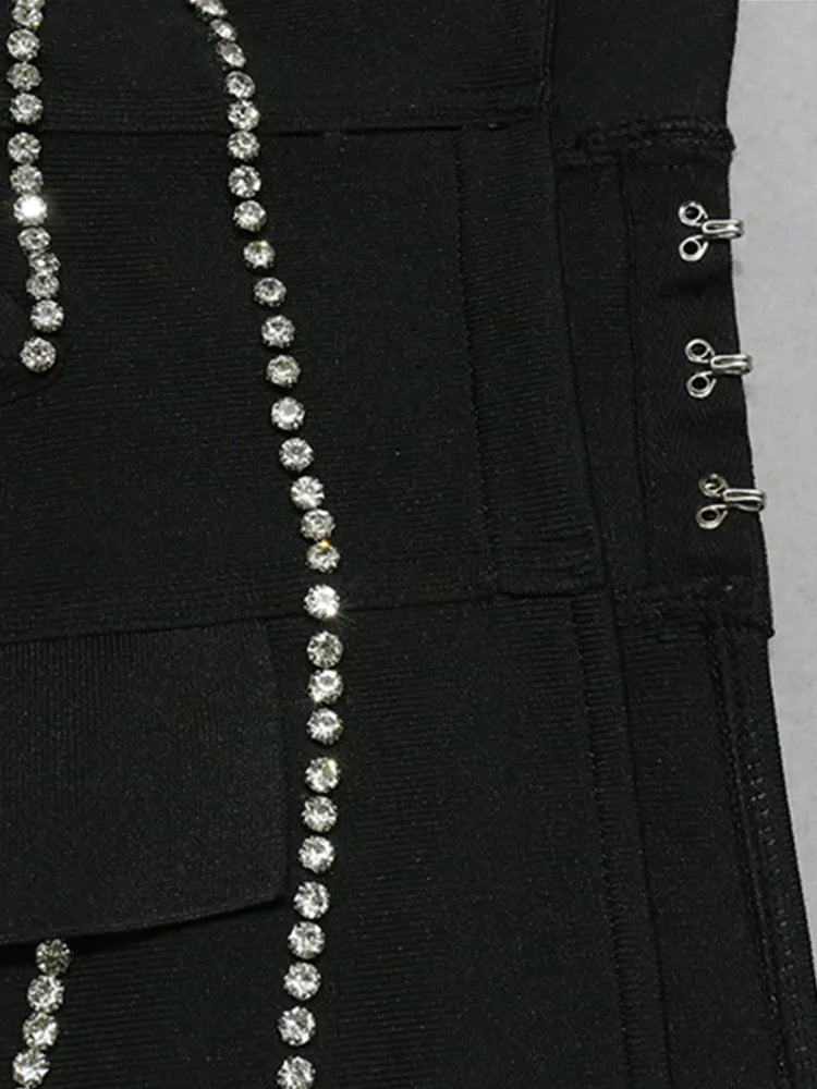 Women Luxury Sexy Rhinestone Beading Black Long Sleeve Flare Pants Bandage Set Celebrity Women's Set