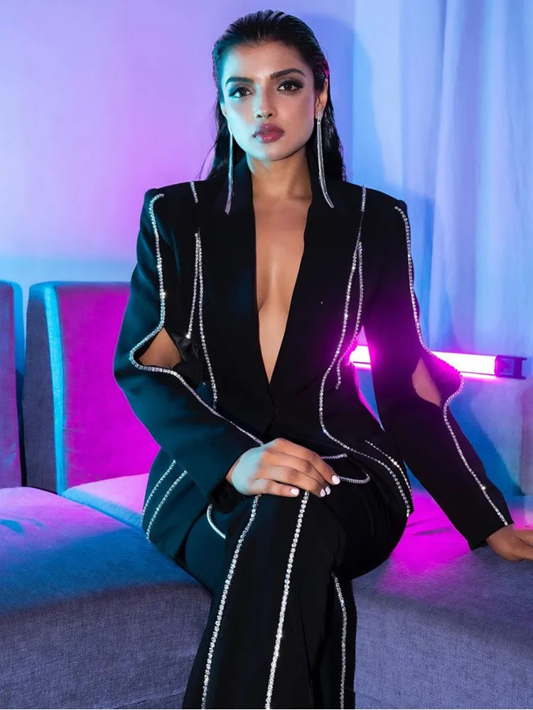 Women Luxury Sexy Rhinestone Beading Black Long Sleeve Flare Pants Bandage Set Celebrity Women's Set