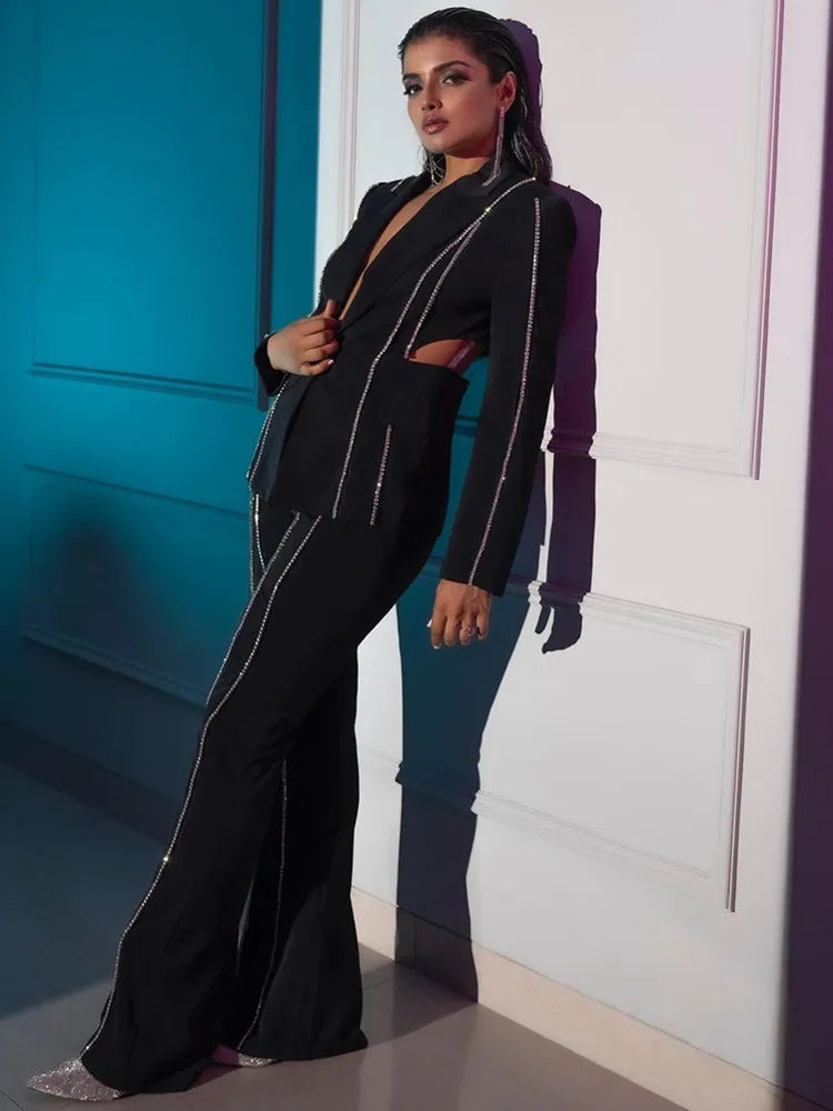Women Luxury Sexy Rhinestone Beading Black Long Sleeve Flare Pants Bandage Set Celebrity Women's Set
