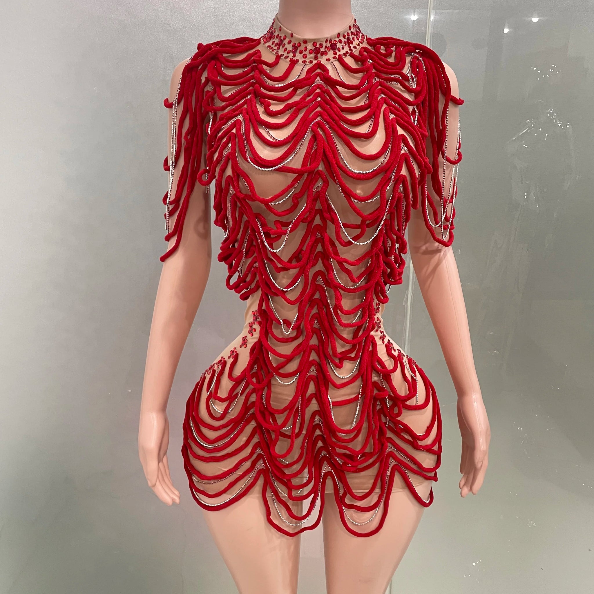 Women New Design Short Dress Sexy Mesh Transparent Rhinestones chain Stage Costume Nightclub Bar Party Performance Show Outfit