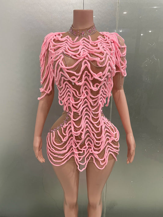 Robe courte sexy en maille transparente avec strass pour femme, tenue de scène, de discothèque, de bar, de fête, de spectacle 