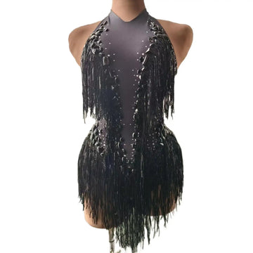 Women Fringed Rhinestone Bodysuit Dance Costume One-piece Stage Outfit Nightclub Wear