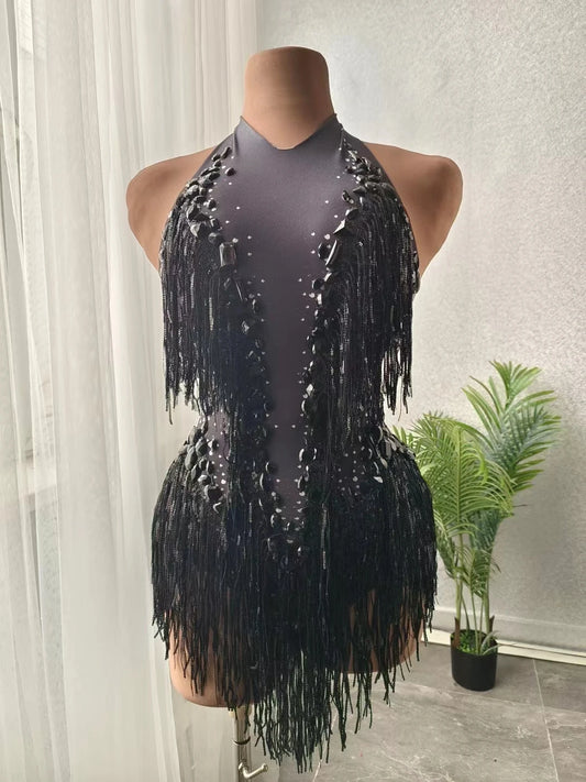 Women Fringed Rhinestone Bodysuit Dance Costume One-piece Stage Outfit Nightclub Wear