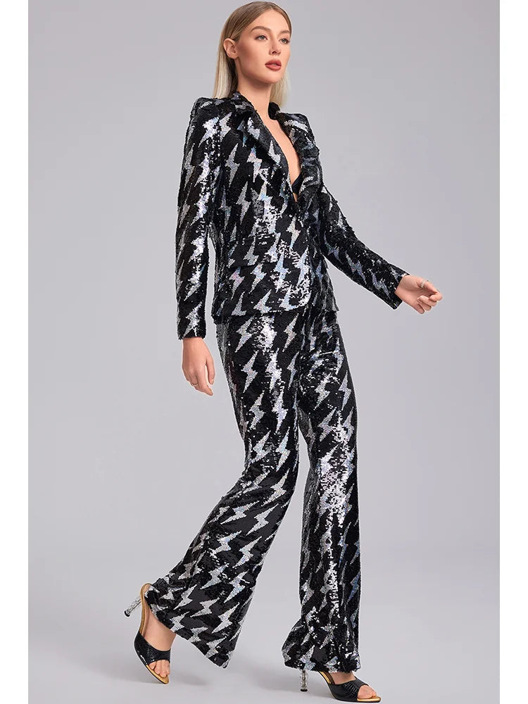 Women'S Spring Two-Piece Set With Lightning Pattern Sequin Button Design Top And Pants Set Fashionable Party Evening Dress Set