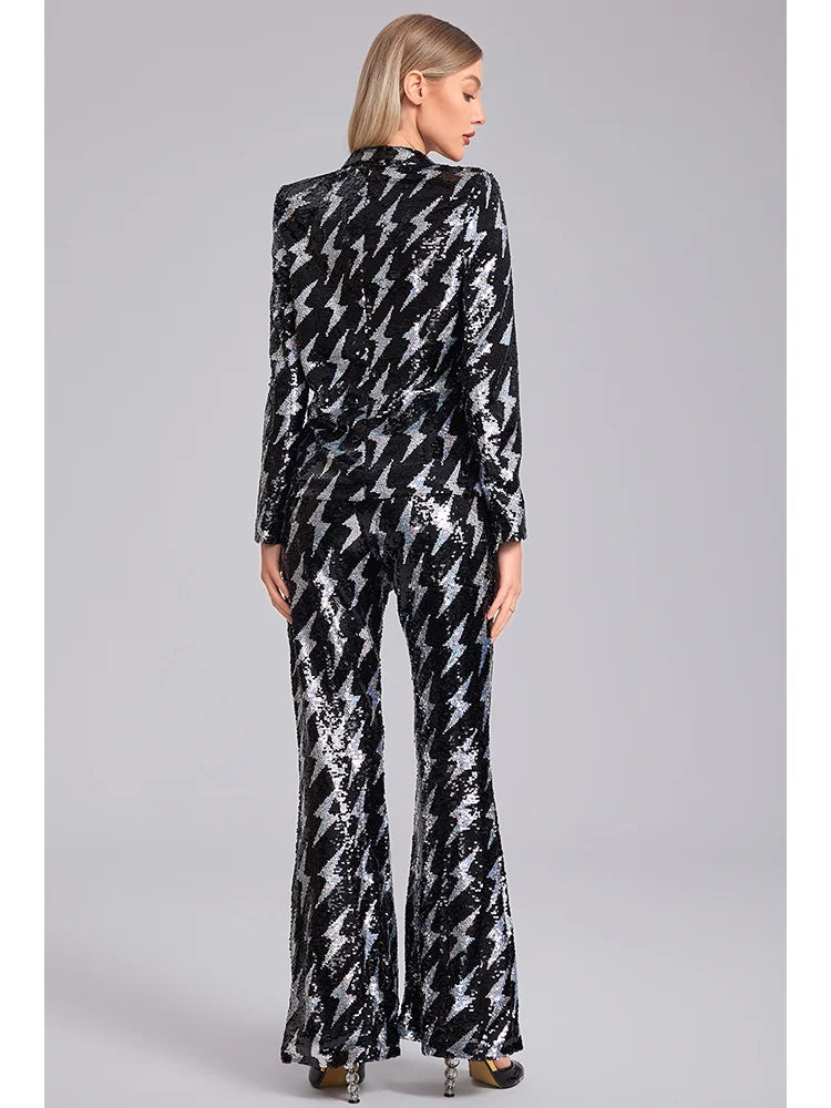 Women'S Spring Two-Piece Set With Lightning Pattern Sequin Button Design Top And Pants Set Fashionable Party Evening Dress Set