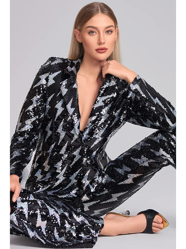 Women'S Spring Two-Piece Set With Lightning Pattern Sequin Button Design Top And Pants Set Fashionable Party Evening Dress Set