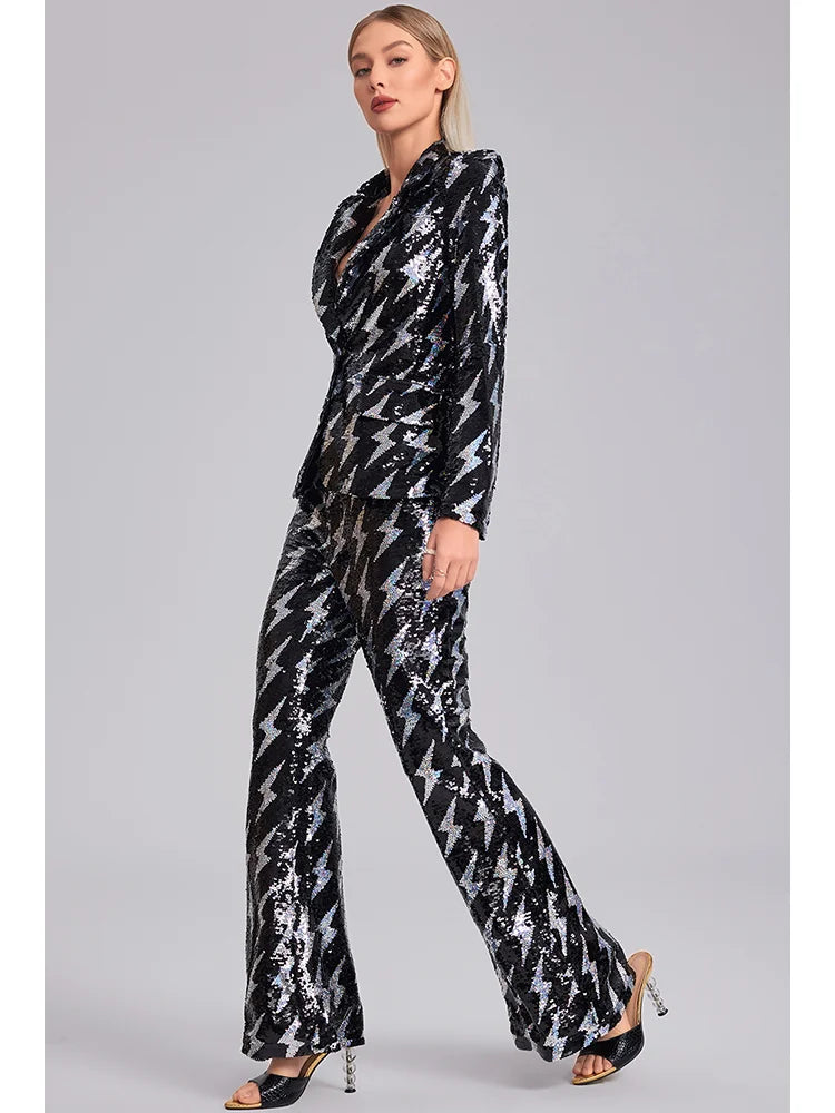 Women'S Spring Two-Piece Set With Lightning Pattern Sequin Button Design Top And Pants Set Fashionable Party Evening Dress Set