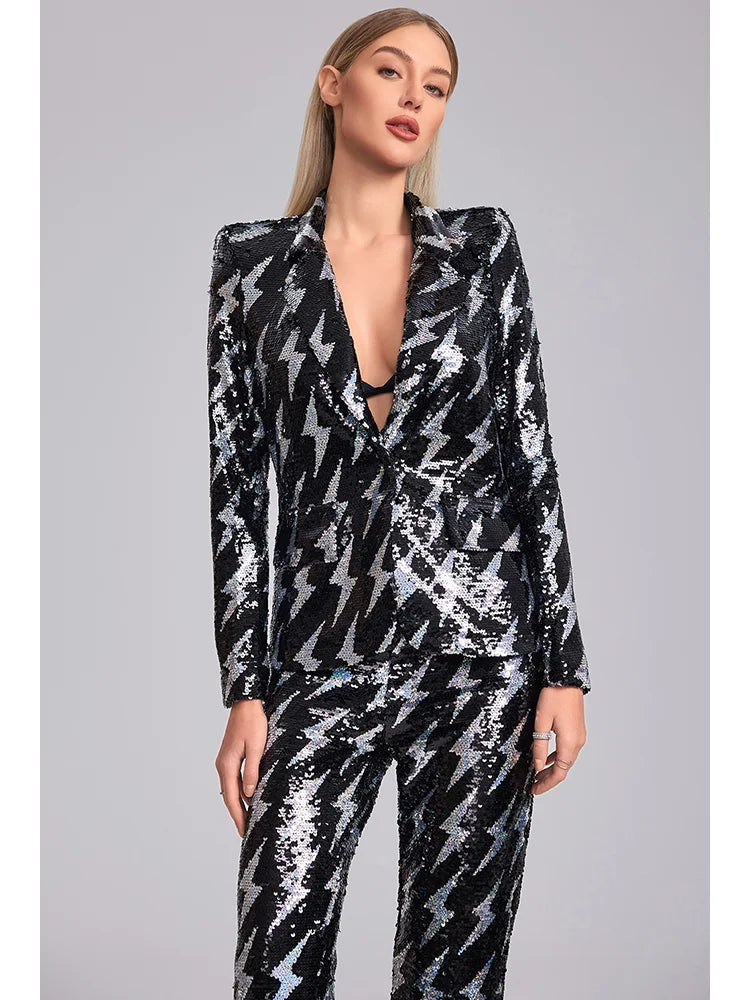 Women'S Spring Two-Piece Set With Lightning Pattern Sequin Button Design Top And Pants Set Fashionable Party Evening Dress Set