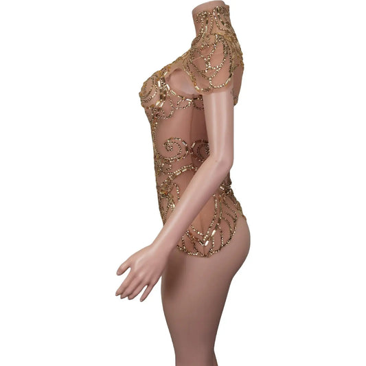 Women See Through Crystal Bodysuit Club Birthday Leotard Dancer Playsuit Performance Wear Sexy Mesh Rhinestone Jumpsuit