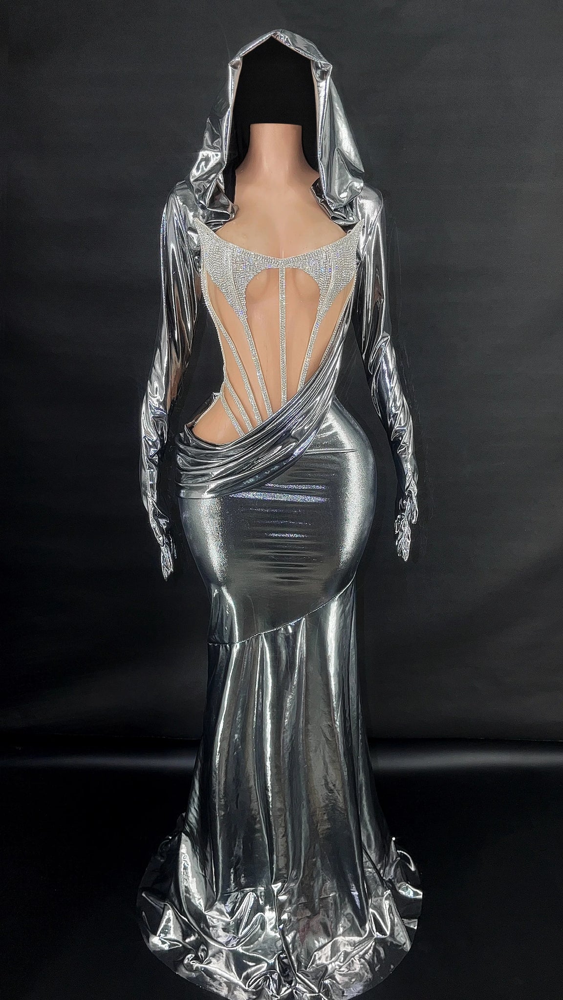 Femmes Argent Brillant Diamants Gants chapeau longues robes Sexy Transparent Soirée Fête Chanter Scène Photoshoot Performance Costume 