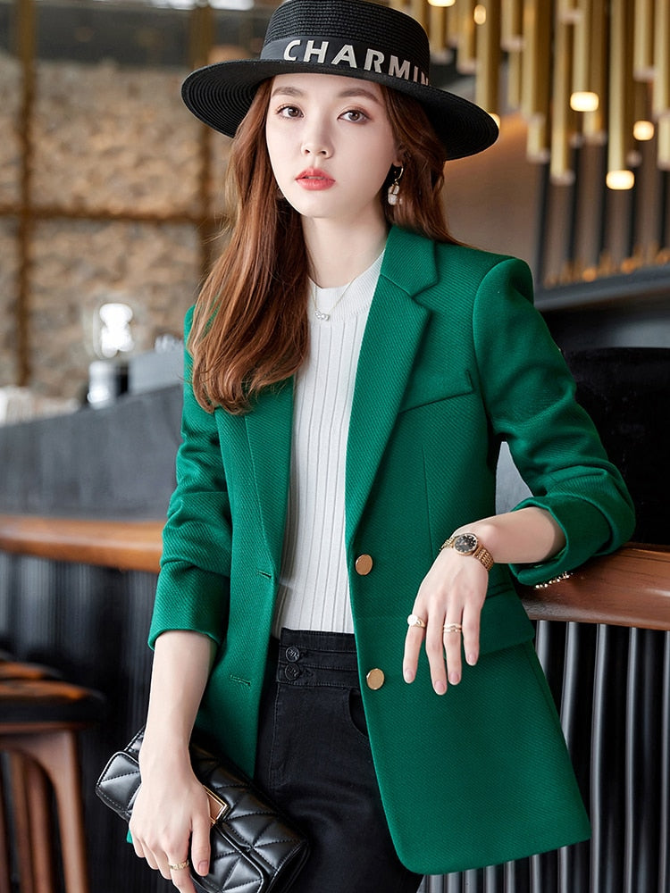 Blazer liso de botonadura sencilla para mujer, negro, verde, caqui, para oficina, ropa de trabajo, chaqueta formal 