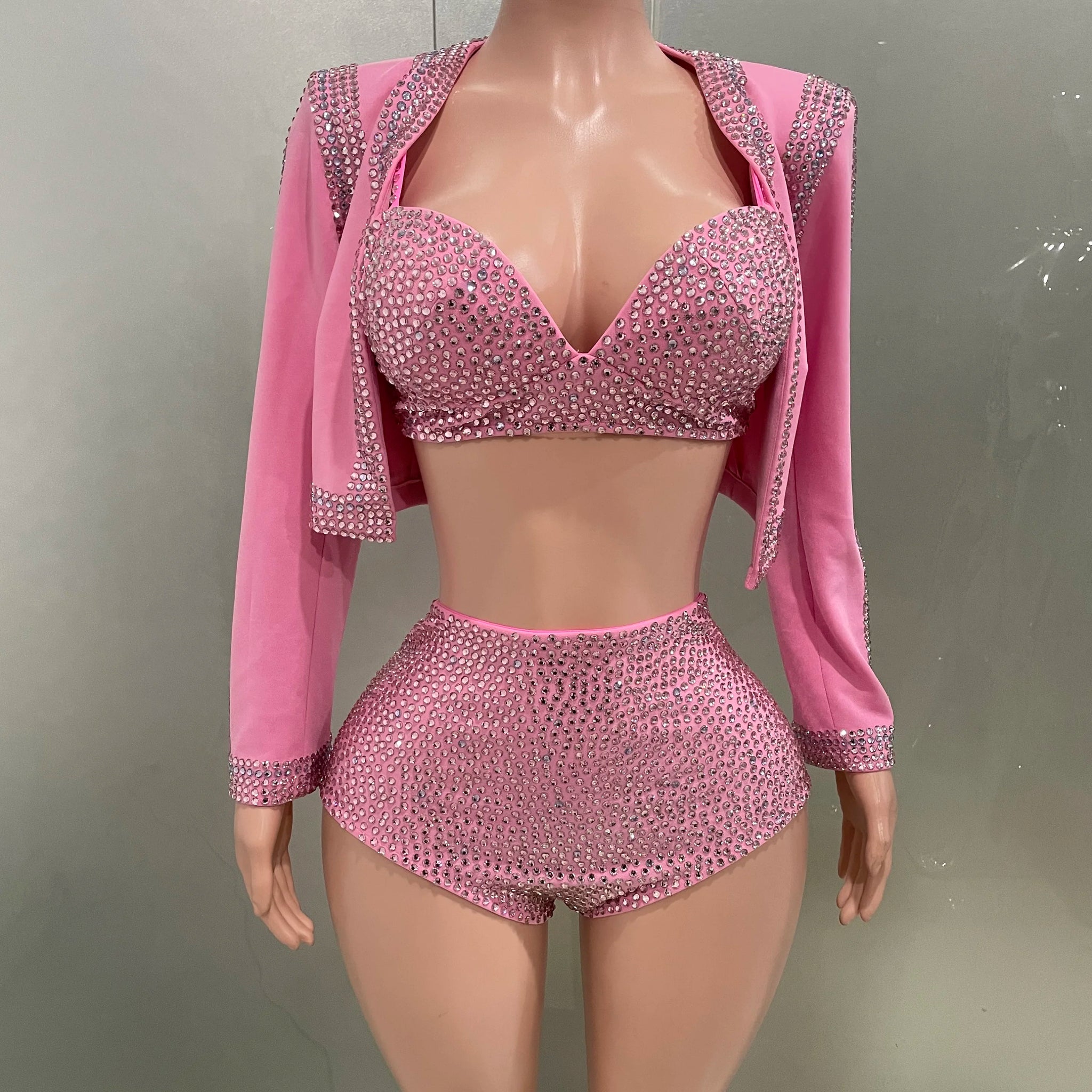 Costume trois pièces rose scintillant pour femme, tenue de soirée, de fête, d'anniversaire, de discothèque, de bar, de scène 
