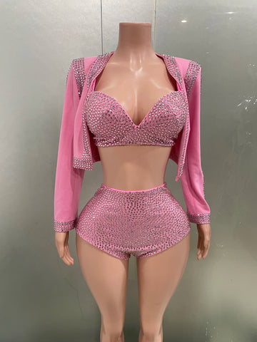 Costume trois pièces rose scintillant pour femme, tenue de soirée, de fête, d'anniversaire, de discothèque, de bar, de scène 
