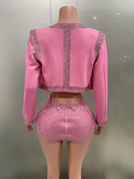 Costume trois pièces rose scintillant pour femme, tenue de soirée, de fête, d'anniversaire, de discothèque, de bar, de scène 