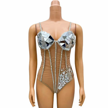 Body transparent en maille miroir avec strass scintillants pour femme, tenue de soirée, d'anniversaire, de séance photo, de discothèque, de scène 