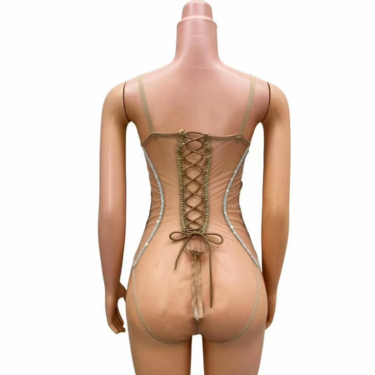 Body transparent en maille miroir avec strass scintillants pour femme, tenue de soirée, d'anniversaire, de séance photo, de discothèque, de scène 
