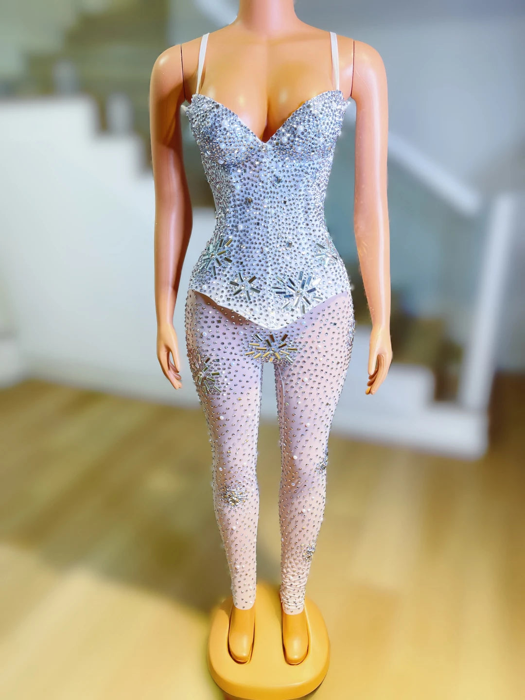 Dazzling Rhinestone-Embellished Transparent Jumpsuit for Women – Sexy Stage Wear for Parties, Nightclubs & Performances