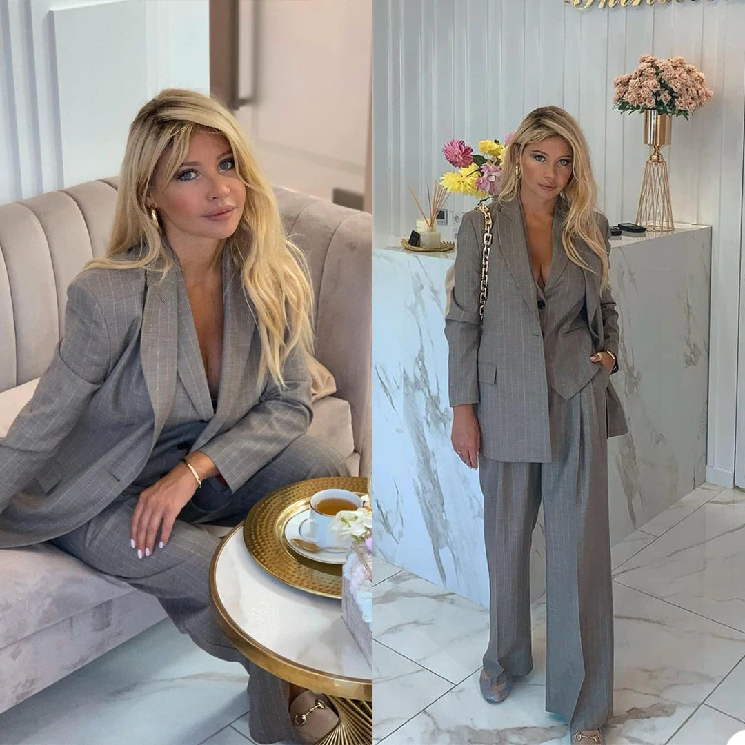 Ensemble 3 pièces pour femme, blazer à rayures, manches longues, revers pointus, un bouton, style décontracté, tenue de bureau
