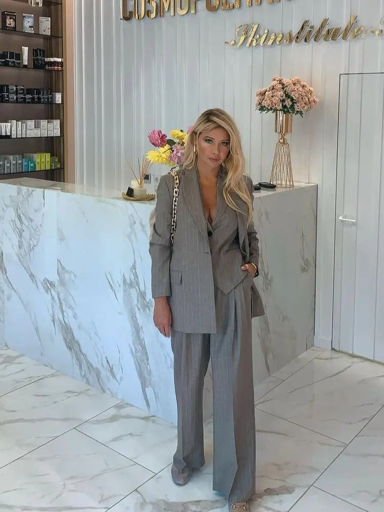 Ensemble 3 pièces pour femme, blazer à rayures, manches longues, revers pointus, un bouton, style décontracté, tenue de bureau