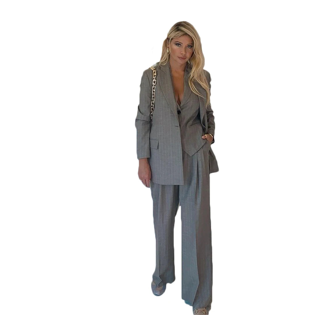 Ensemble 3 pièces pour femme, blazer à rayures, manches longues, revers pointus, un bouton, style décontracté, tenue de bureau