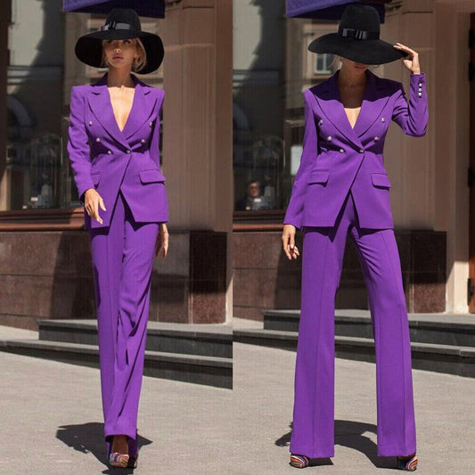 Women Suit Purple Slim Fit Blazer Double Breasted Prom Formal Office Ladies Jacket Party Coat 2 Pieces